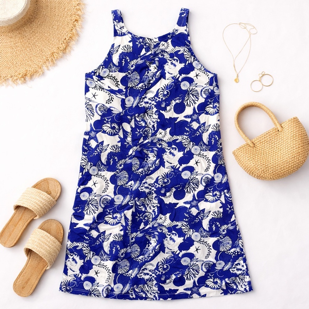 Women’s Surkana Blue and White Seashell Dress sz Small 100% Viscose‎